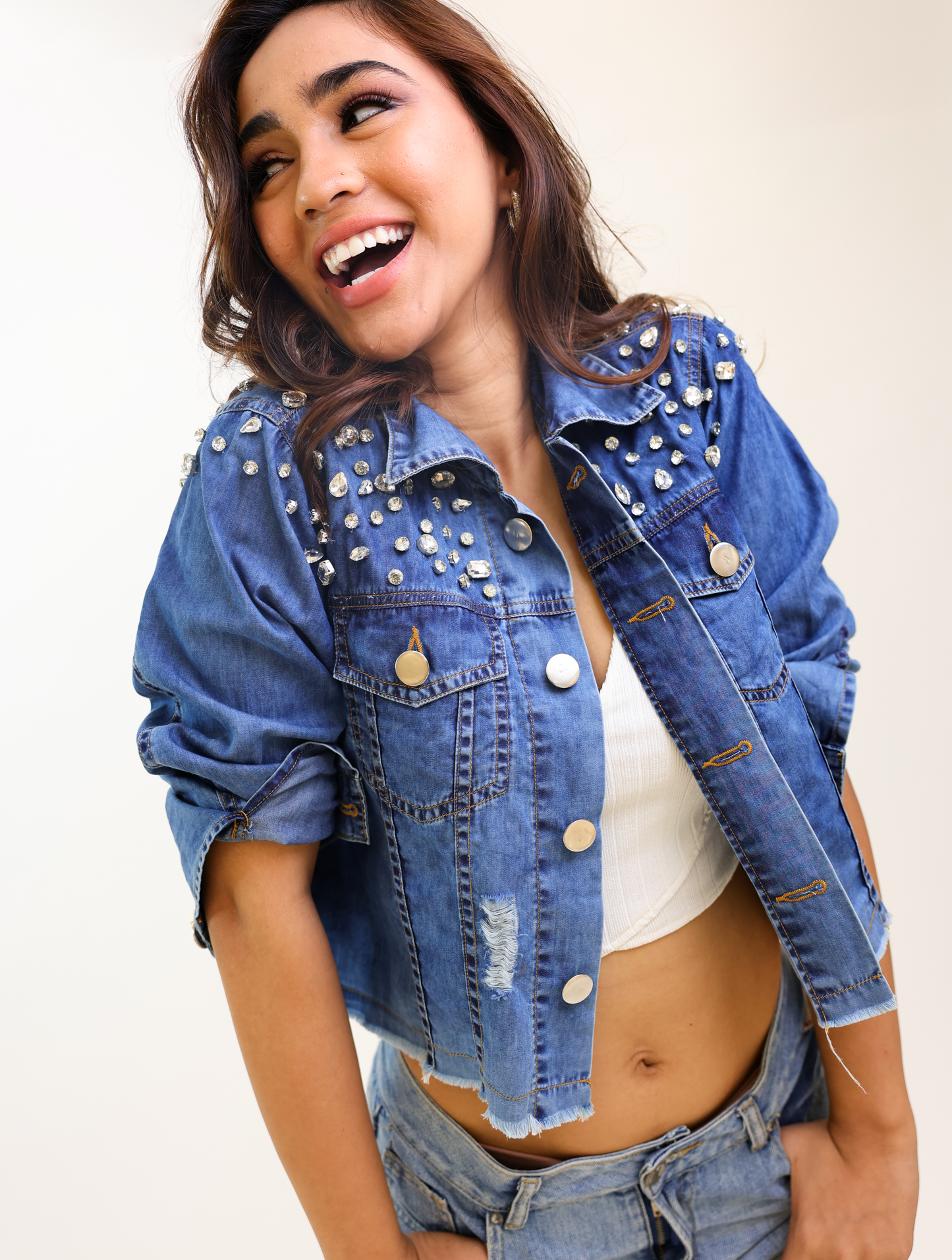 Diamond Crest Cropped Denim Jacket