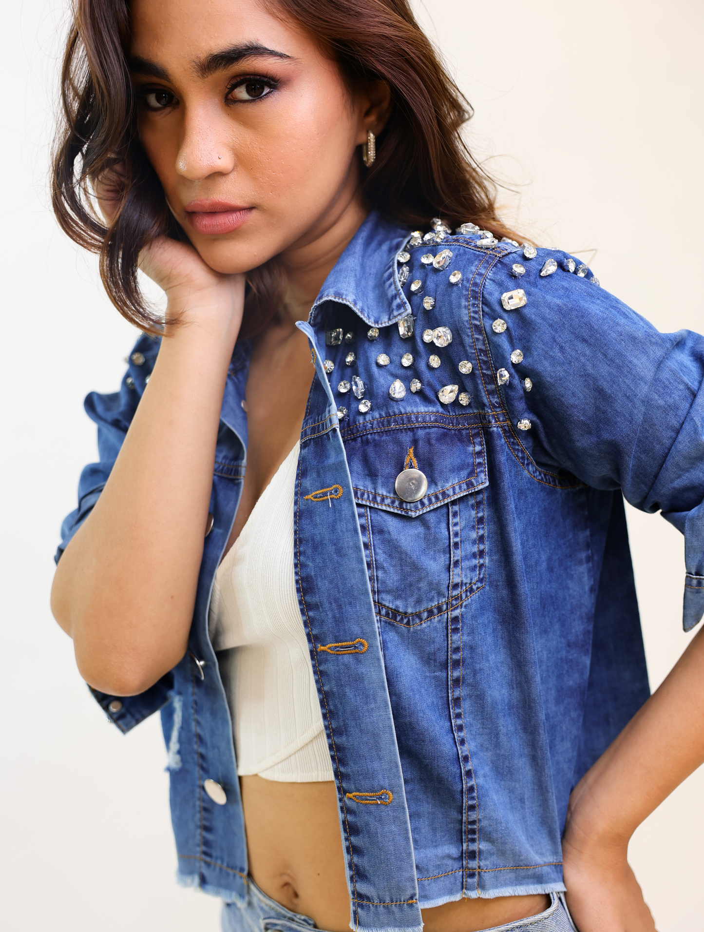 Diamond Crest Cropped Denim Jacket