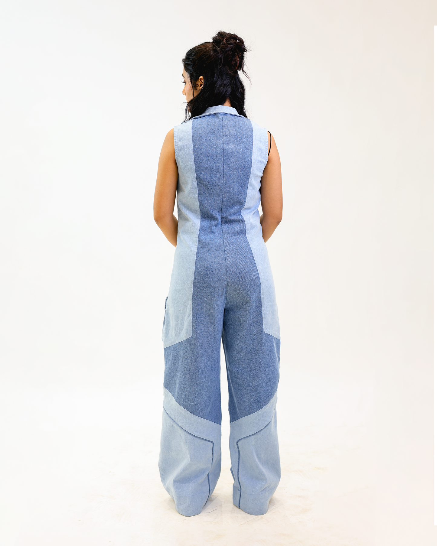 Power block dual tone denim jumpsuit back view by Noa- Made with love