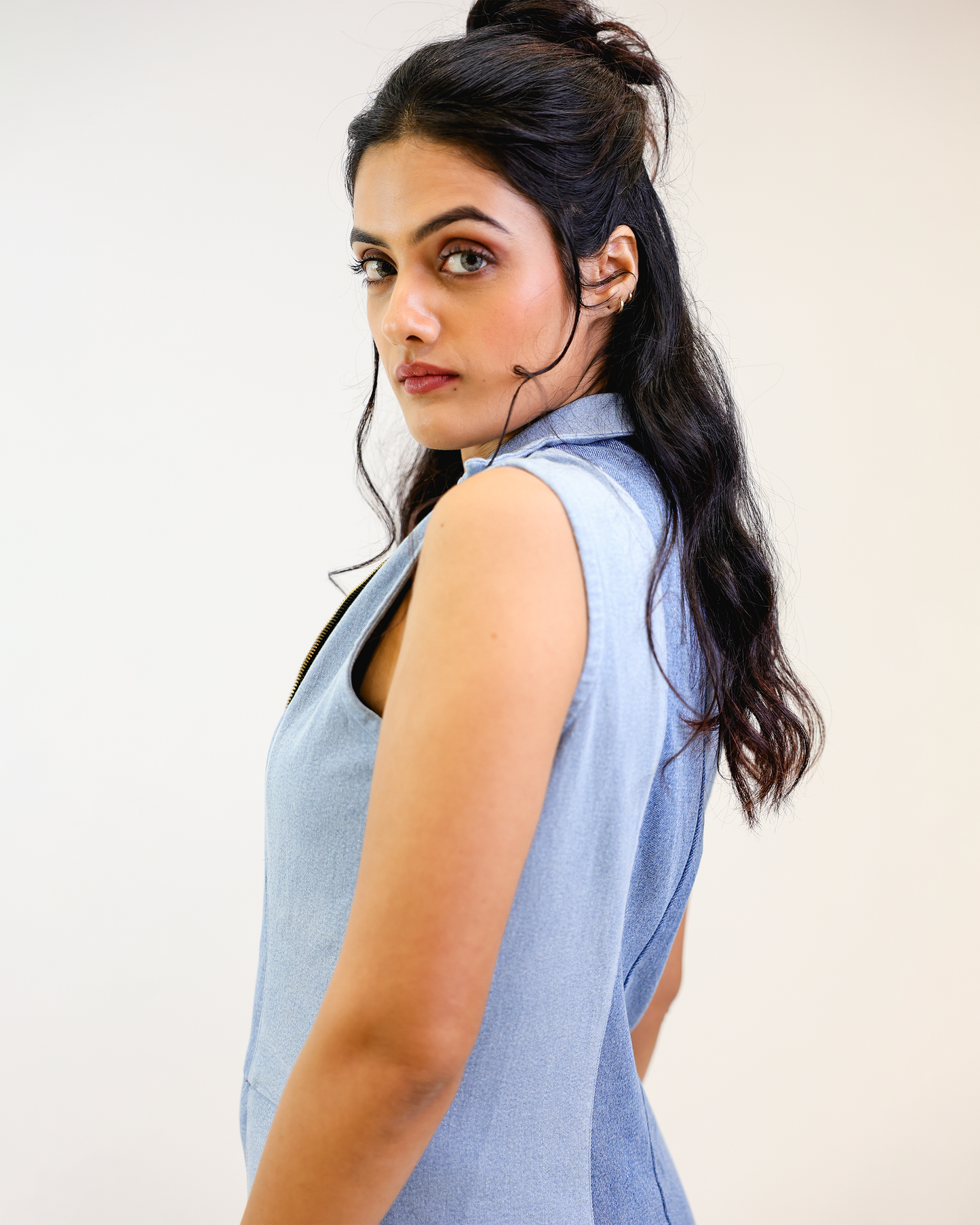 Power block dual tone denim jumpsuit close up side view by Noa- Made with love