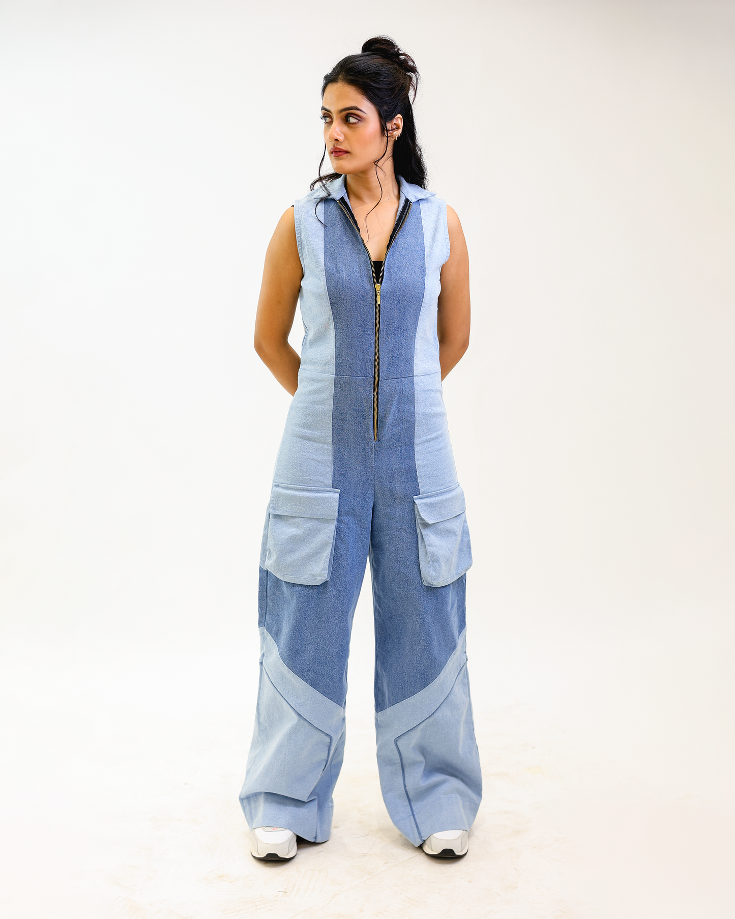 Power block dual tone denim jumpsuit front view by Noa- Made with love