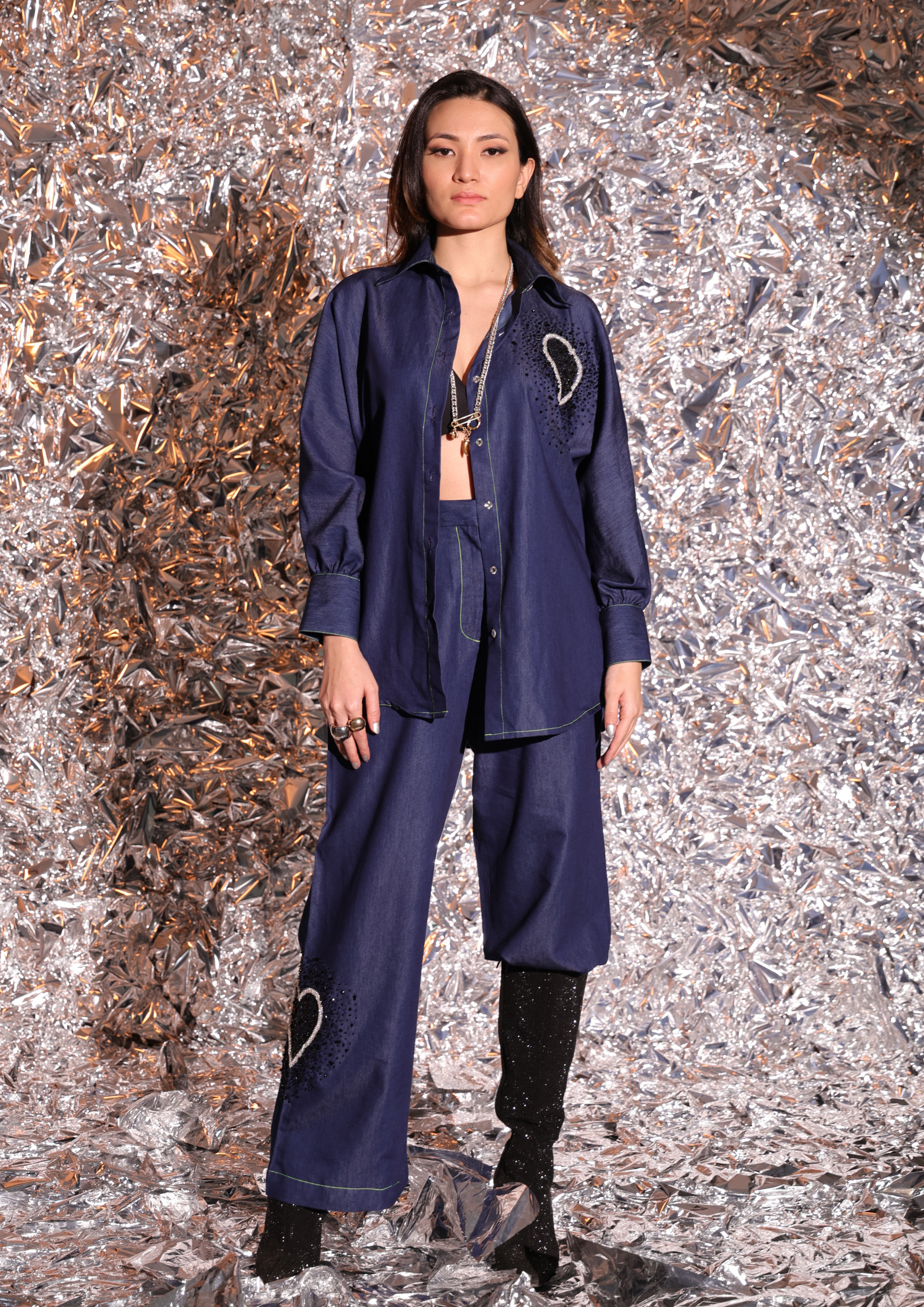 Front view of stylish denim co-ord set heart accent by Noa- Made with love